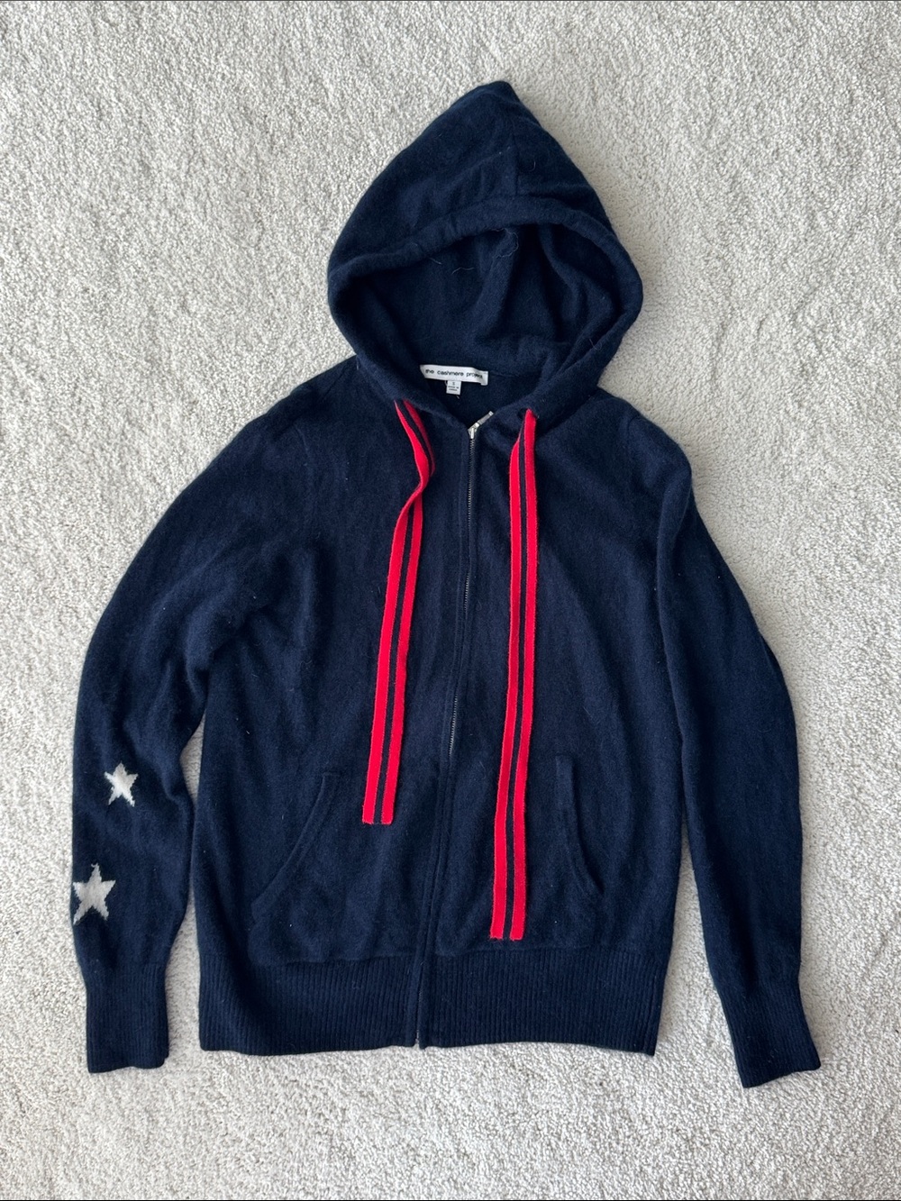 The Cashmere Project Navy Hooded Zip Cardigan with Red Stripe Drawstrings